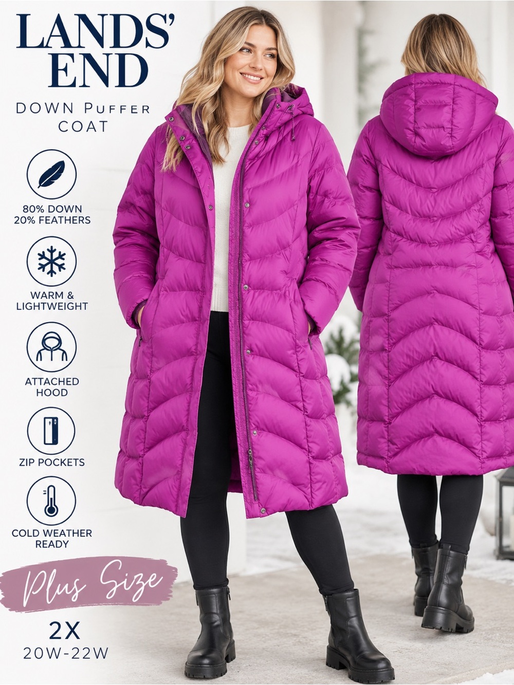 Lands’ End 2X Purple Down Puffer Coat Long Hooded Winter Jacket Plus Size